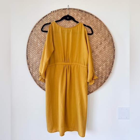 STUNNING CLAUDE TULUM MUSTARD V-NECK BOHO DRESS W/ SLIT SLEEVES‎ NWOT - Picture 9 of 12